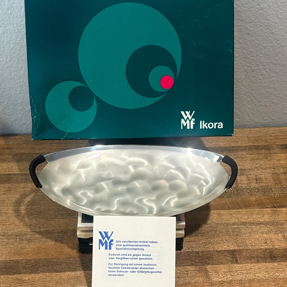 VINTAGE MCM ~ German WMF Ikora Hammered Stainless Steel Tray w/Black Handles